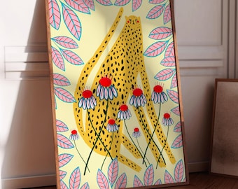 Cheetah and Flowers, Art Print, Wall Decor, Animal Illustration, Gift for Her, Floral Artwork