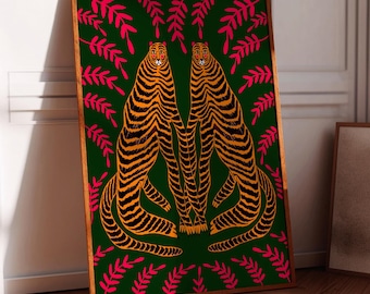 May include: Two orange and black tigers with pink leaves on a dark green background. The tigers are facing each other and have their paws crossed.
