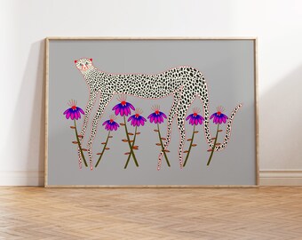 Home Decor Art Print Snow Cheetah and Purple Flowers Illustration  - Floral Artwork - Gift For Her - Wall Decoration For Living Room /Bedroo