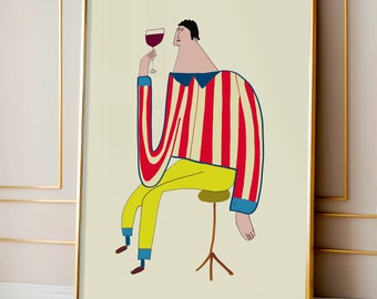 Wine Drinker Man Art Print For Home - Red Wine Wall Art Home Decor For Kitchen - Wall Decor For Bar and Restaurant - Wine Illustration Art