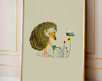 Hedgehog Gardening Nursery Art Print