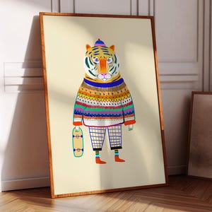 Impresión artística de tigre genial, arte mural infantil, regalo para niños, impresiones coloridas y brillantes, decoración infantil, niños y niñas, ilustración, animal, patín