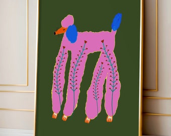Impresión de arte de caniche y plantas para ella - Ilustración de perro bastante rosa Impresiones de arte de pared para decoración del hogar - Póster de decoración de pared de caniches