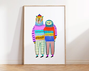 Best Friends Illustration Art Print - A Cute Sloth and Leopard Friendship - In Love Wall Art Home Decor Print - Gift Girl friend Boyfriend