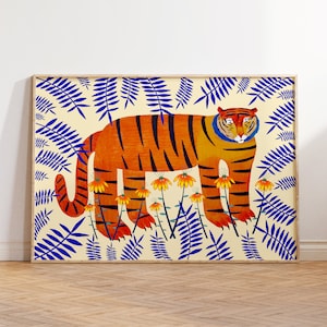 Tiger and Blue Ferns Art Print Home Decor