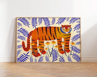 Tiger and Blue Ferns Art Print Home Decor