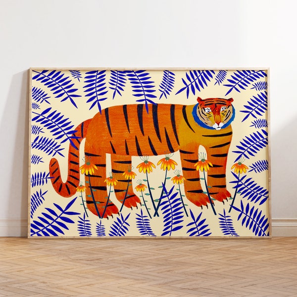 Tiger und blaue Farne Kunstdruck Wohndekoration