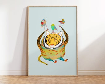Tigre e uccelli. Stampa d'arte - Decorazione per bambini - Decorazione per la cameretta - Stampa d'arte tigre - Illustrazione della tigre.