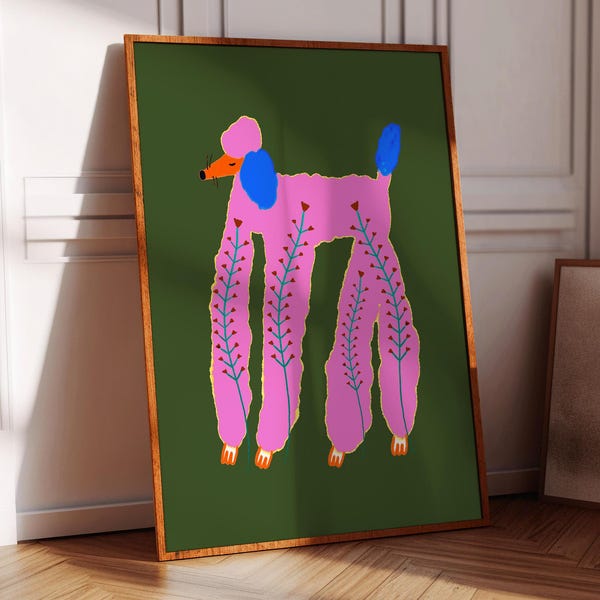 Poodle and Plants, Art Print, Dog Home Decor, Housewarming, Illustration, Gift for Her