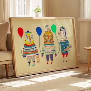 Lámina artística de amigos con globos, decoración de guardería, regalo para niños, póster de animales de moda, regalo de cumpleaños para niños, lindo y colorido, para niños