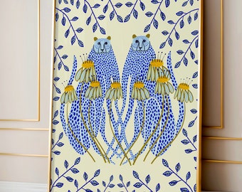 Art Print - Blue Cheetahs and Golden Daisies Home Decor - Animal Wall Decoration For Kitchen, Bedroom and Living Room - Gift for Her