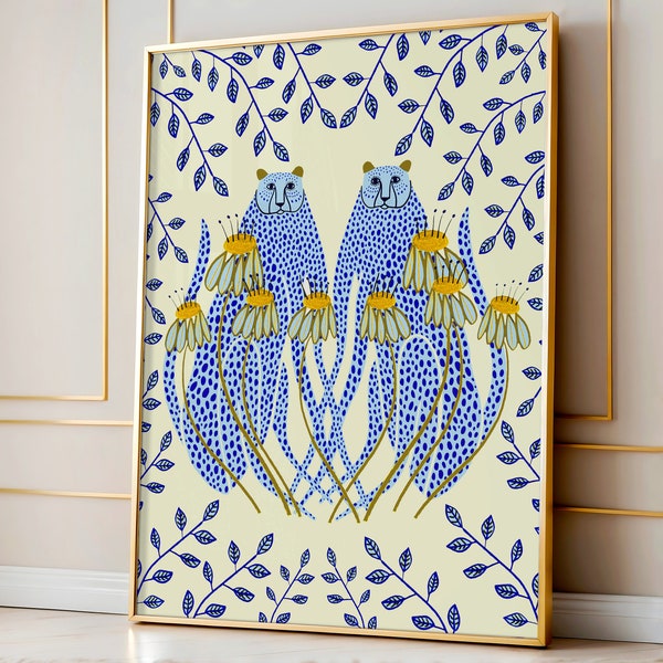 Blue Cheetahs and Golden Daisies Art Print Home Decor