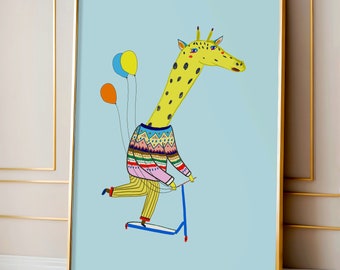 Giraffe Art Print - Animal with Balloons Wall Decor For Nursery And Children's Rooms - Colorful Playroom Decoration