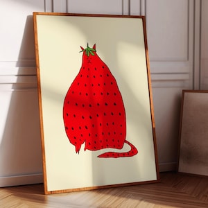 Strawberry Cat Print, Gift For Her Kitchen, Bedroom, Living Room, Office, Kids, Girls, Cute, Bright and Colorful, Illustration, Housewarming