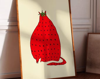 Strawberry Cat, Art Print, Home Decor, Fruit Illustration, Wall Decoration, Gift For Her, Birthday