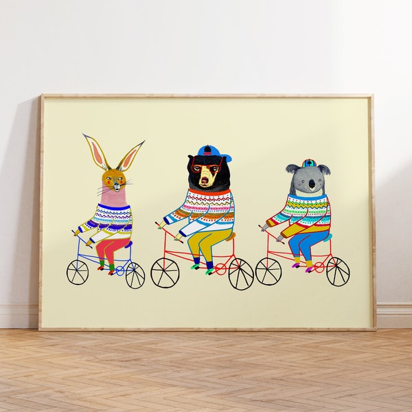 Cute Baby Room Decor Prints - Animals Wall Art For Baby Boy - Bike Art For Children's Room - Cool Wall Decor - Biking Illustration Prints