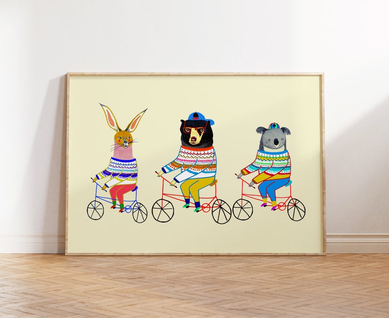 Cute Baby Room Decor Prints Animals Wall Art For Baby Boy Bike Art For Children's Room Cool Wall Decor Biking Illustration Prints image 1