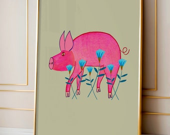 Pig Art Print - Countryside Home Decor - Pig Art - Kitchen Decor - Art For Living Room - Gift For Her - Cottage Art - Farmhouse Art Print