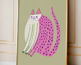 Cat Art Print Wall Decor For Her - Pink Home Decoration Illustration Prints