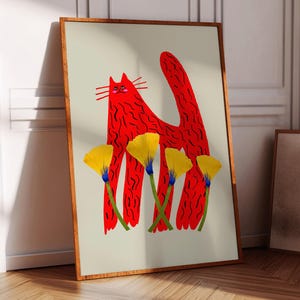 Cat and Tulips Art Print: Colorful Floral Illustration
