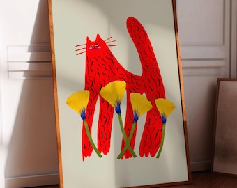 Stampa artistica di gatto, decorazione per la casa, fiori, inaugurazione della casa, regalo per lei, compleanno di una ragazza, illustrazione, decorazione murale