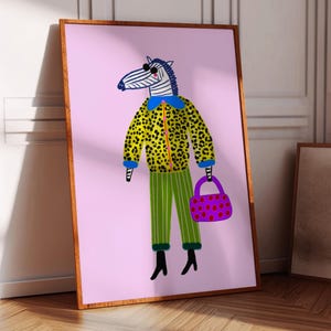 Fashion Zebra Art Print: Kids Wall Decor, Fun Colorful Illustration, Gift for Her Bedroom, Nursery, Girls Birthday, Christmas, Housewarming