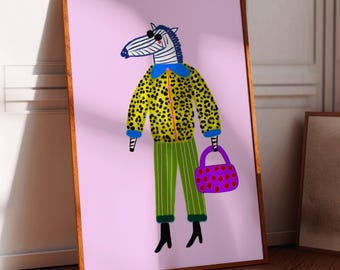 Lámina artística de cebra a la moda: Decoración de pared infantil, ilustración divertida y colorida, regalo para dormitorio femenino, habitación infantil, cumpleaños de niñas, Navidad, inauguración de casa