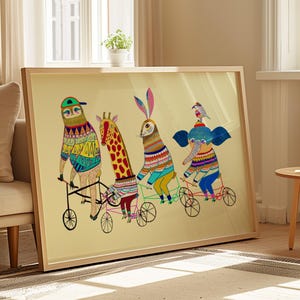 Impresión artística de motociclistas adorables, arte de pared para niños, decoración de guardería, póster para niños, para habitación de niños y niñas, ilustración de ciclismo, brillante y colorida