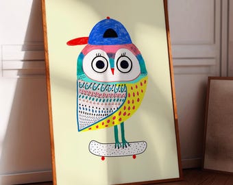 Owl Skater Art Print: Colorful Kids Nursery Decor