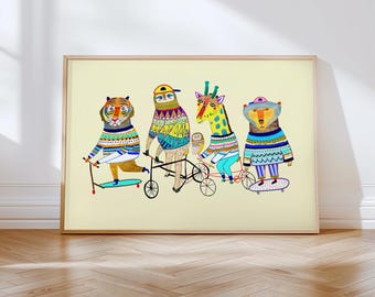 Puede incluir: Una ilustración colorida de un tigre, un perezoso, una jirafa y un oso montando un scooter, una bicicleta y una patineta. Los animales llevan suéteres y sombreros.