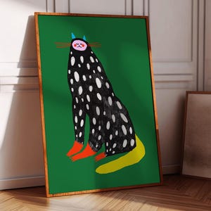 Blissful Cat Art Print: Green Home Decor Illustration