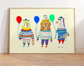 Cute Animals with Balloons - Cute Colorful Animals Art Print for Nursery Room, Birthday Gift for Kids | Perfect Gift for Animal Lover & Kids