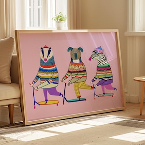 Impresión artística de scooter, arte de pared para niñas, estampados de animales, decoración infantil, póster para niños, regalos de cumpleaños y Navidad, rosa brillante