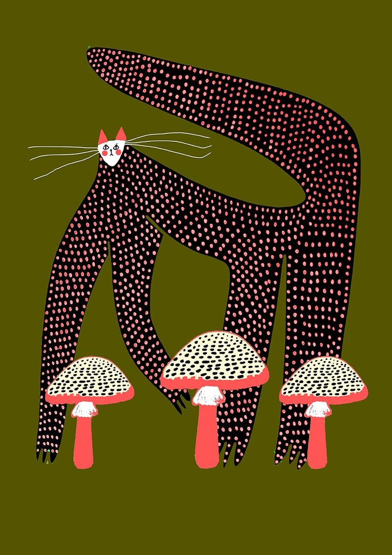 May include: A black cat with pink polka dots stands on its hind legs, with its front paws resting on three red and white mushrooms. The cat has a white face with pink cheeks and a small white nose.