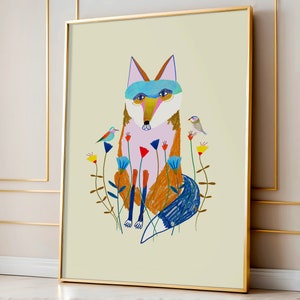 Cute Fox and Birds Wall Art Print For Children Nursery and Baby Room Decor - Animal Illustration Poster For Toddler