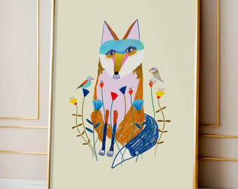 Cute Fox and Birds Wall Art Print For Children Nursery and Baby Room Decor - Animal Illustration Poster For Toddler