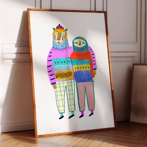Leopardo y perezoso - Arte mural infantil, decoración colorida para niños, sala de juegos, regalo de cumpleaños moderno, póster de animales, impresión ilustrada, Navidad