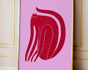 Impression d'illustration d'art chat - décoration d'intérieur pour elle - oeuvre d'art numérique rouge et rose - idée cadeau de pendaison de crémaillère