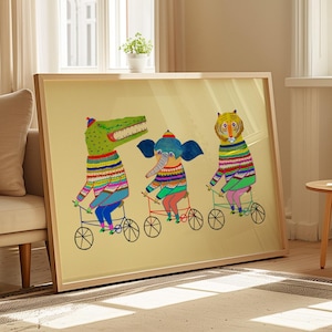 Biking Friends Art Print, Kids Wall Art, Gift for Children, Bright Colorful Prints, Nursery Decor, Boys and Girls, Illustration, Birthday