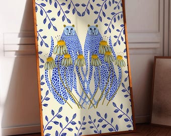 Blue Cheetahs Art Print: Home Decor, Animal Wall Decoration, Gift For Her Living Room, Kitchen, Dining, Housewarming, Birthday, Christmas