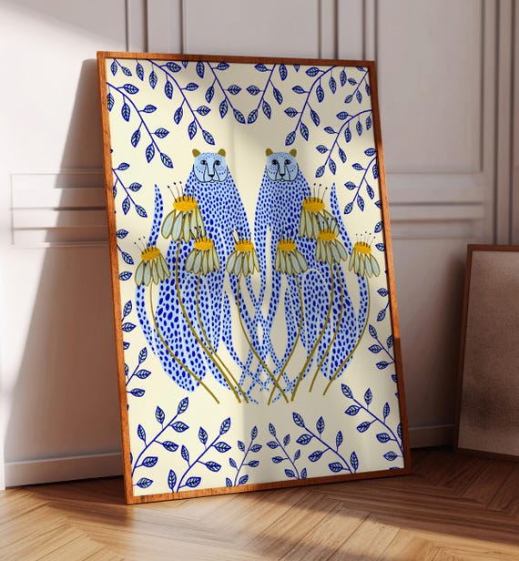 Blue Cheetahs, Art Print, Home Decor, Wall Decoration, Illustration, Gift for Her, Living Room, Dining, Kitchen, Bedroom