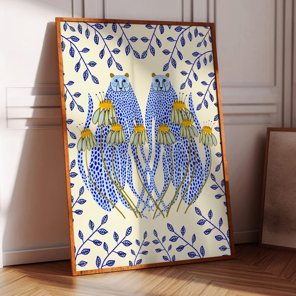 Blauwe cheeta's kunstprint, woondecoratie, dier en natuur illustratie, cadeau voor haar, bloemen muurkunst