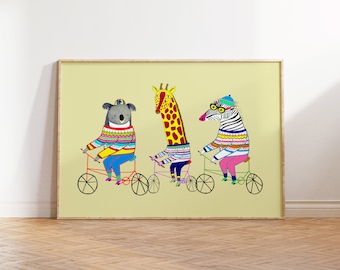 Impresión de arte infantil - Decoración de pared en bicicleta para sala de juegos para niños - Cartel de arte de pared de animales para niños - Regalos de moda para niños pequeños - Ilustración de bicicletas