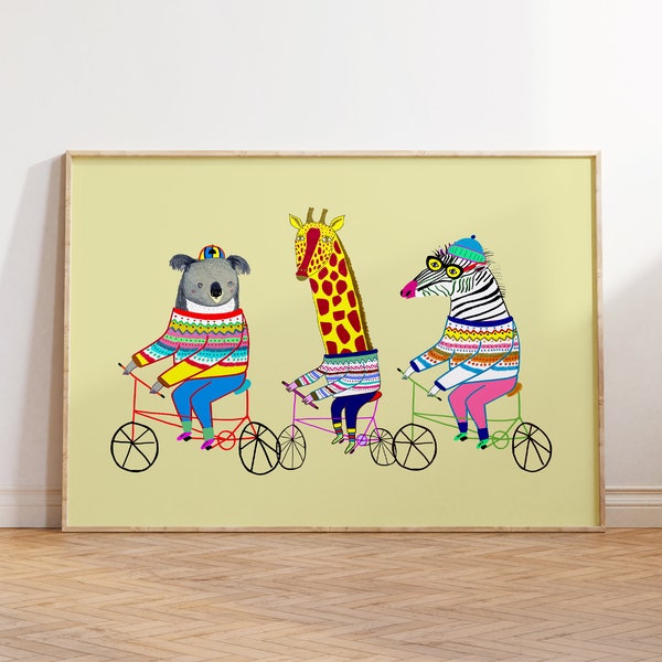 Nursery Art Print - Biking Wall Decor for Children's Playroom - Animal Wall Art Poster for Kids - Trendy Toddler Gifts - Bike Illustration