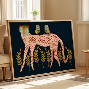 Leopard and Owls, Art Print, Home Decor, Wall Art, Whimsical Illustration