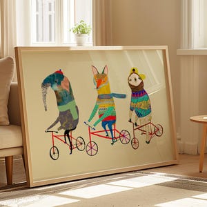 Kids Wall Art Print, Children's Room Decor, Animals Biking Illustration