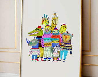 Impression d'art illustration animaux amusants pour enfants et décoration de chambre d'enfant