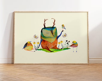 Cute Deer in Nature Art Print For Nursery and Children's Rooms