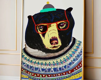 Black Bear in Sweater Portrait Art Print - Cool Trendy Wall Decor For Kids and Nursery Rooms - Funny Animal Illustration Posters For Toddler