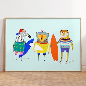 Surfer Friends Art Print, Kids Decor, Playroom Decoration, Boys Birthday Gift, Children's Illustration, Wall Art Prints